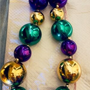 Festive Green and Purple Mardi Gras Large Beaded Necklace 24” big bead 6” round